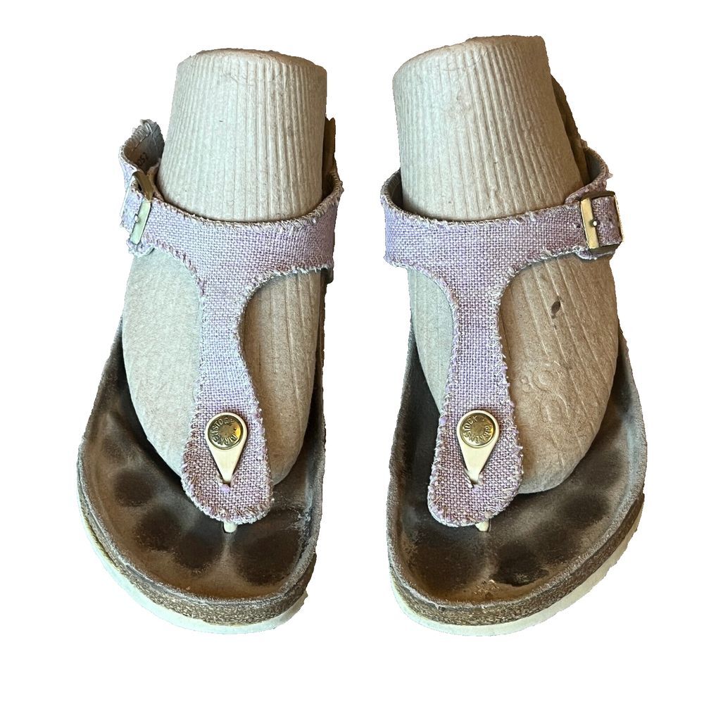 Birkenstock Thong Sandals Pink Heavyweight Canvas Gold Buckle Womens 8-8.5 EU 39